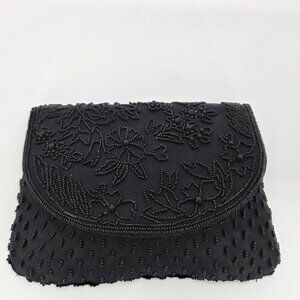 Vintage Carolyne Barton Black Beaded Satin Evening Envelope Clutch Coquette